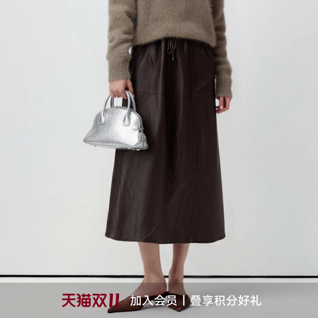 LYNEE【绅女】新款复古优雅PU皮半裙女中长款A字百搭半身裙