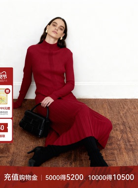 LYNEE【复古缪斯】简约红色半高领羊毛针织连衣裙 中长款内搭裙子