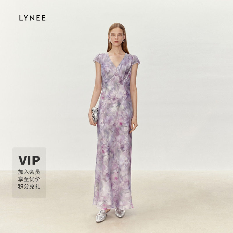 LYNEE 小盖袖V领朦胧感双层印花连衣裙女修身优雅显瘦长裙图片