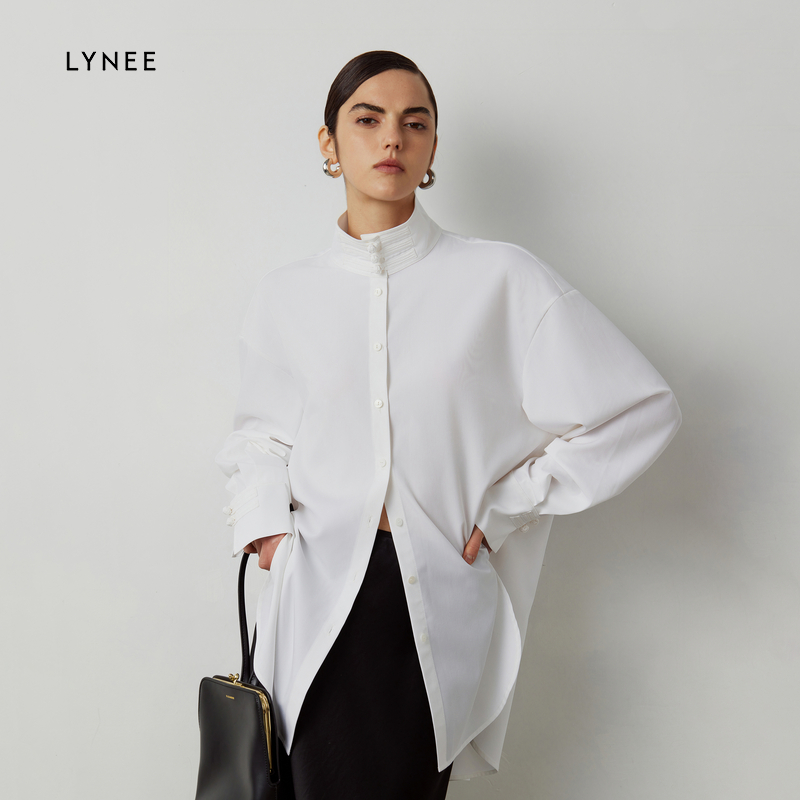LYNEE 莫代尔混纺国风立领盘扣新中式简约衬衫女宽松衬衣