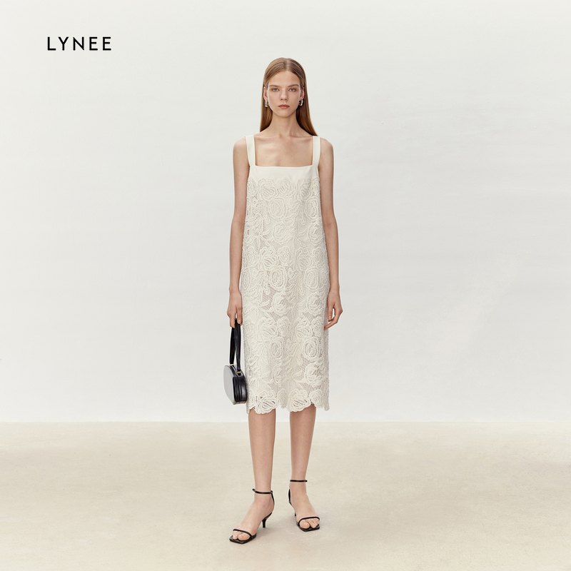 LYNEE 重工绣花拼接醋酸方领吊带连衣裙女法式优雅宴会显瘦裙子