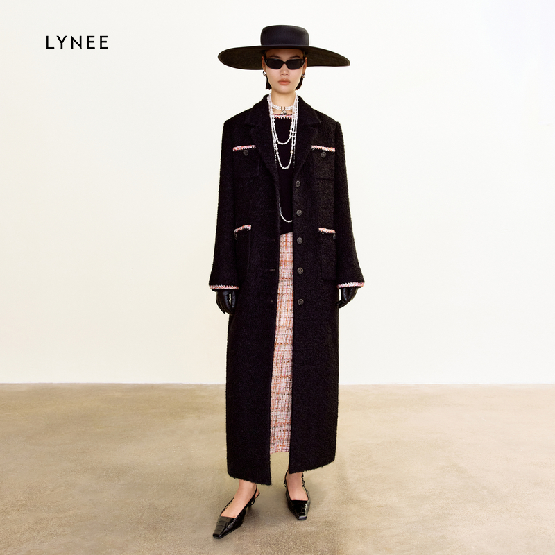 LYNEE 小香风撞色花边圈圈绒直身大衣女长款毛呢外套