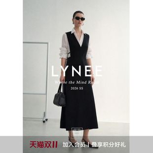 LYNEE【黑标 简序】简约深V黑色无袖连衣裙高腰线显高显瘦小黑裙