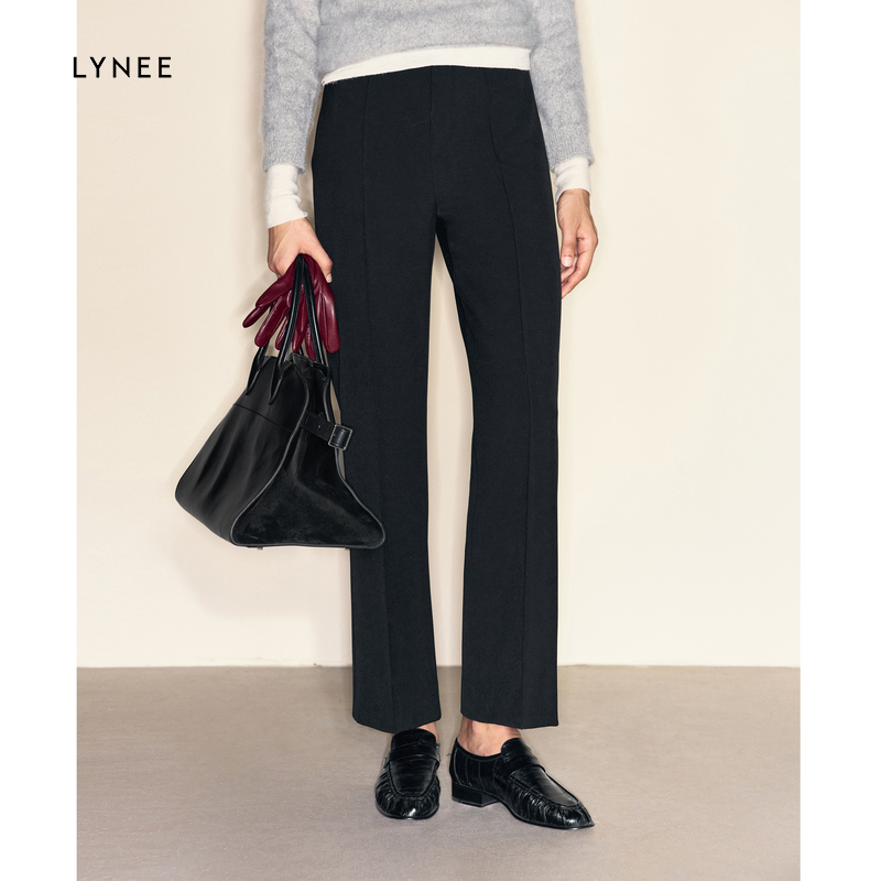 LYNEE 双层复合拉绒高腰黑色直筒休闲裤女百搭小脚裤小个子