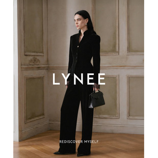 LYNEE【巴黎回响】黑色贵气丝绒套装女收腰蕾丝西服外套/直筒裤