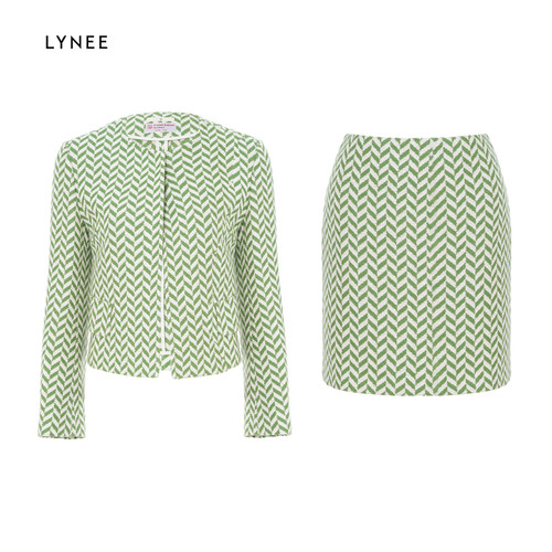 LYNEE 重工人字纹色织小香风短外套高腰直筒半裙时尚套装女