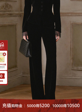 LYNEE【巴黎回响】黑色丝绒腰贴直筒裤 复古显瘦平绒百搭休闲长裤