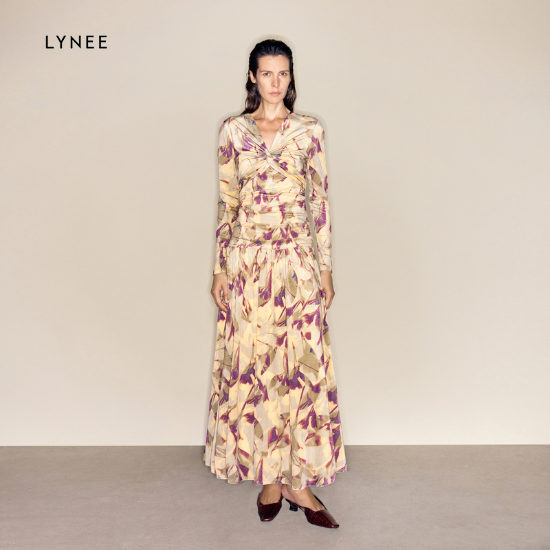 LYNEE 丝绒印花捏褶连衣裙