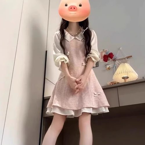 温柔风粉色假两件连衣裙女长袖