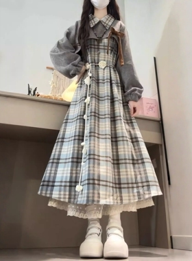 格纹连衣裙女小个子秋冬长裙子两件套装女2025新款复古小众学院风