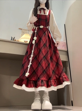 甜美学院风假两件红色格纹连衣裙女秋冬装2025新款巨好看的长裙子