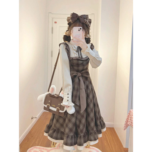 复古风格纹假两件连衣裙女长袖Lolita小裙子学院风小个子中长裙女