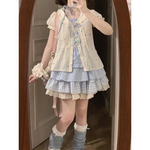 甜美假两件衬衫上衣蛋糕裙子套装
