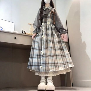 格纹连衣裙女小个子秋冬长裙子两件套装女2026新款复古小众学院风