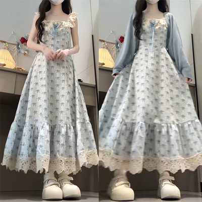 甜美碎花蕾丝边长裙子套装女