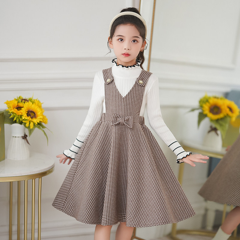 女童冬季连衣裙2025新款两件套儿童套装毛呢格子小女孩春秋公主裙