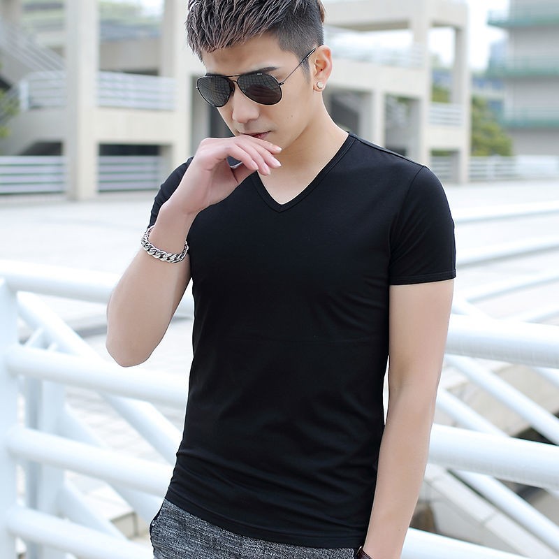 短袖t恤男装V领纯色上衣服夏大码修身潮流半袖运动低领打底体恤衫