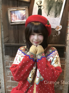 可爱红色樱桃毛呢贝雷帽圣诞新年氛围感大头围显白画家帽百搭帽子