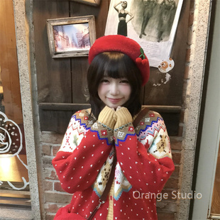 可爱红色樱桃毛呢贝雷帽圣诞新年氛围感大头围显白画家帽百搭帽子