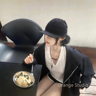 韩系复古黑色弯檐针织帽甜酷辣妹街头休闲风棒球帽护耳护额鸭舌帽