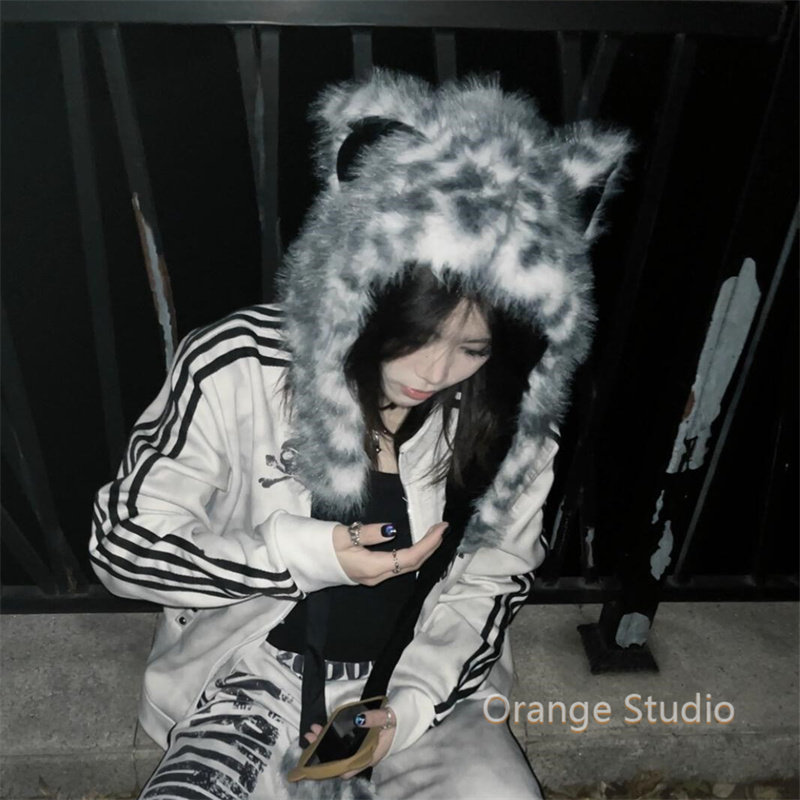 日系甜酷亚比仿狐狸毛帽子围巾手套一体女原宿涉谷辣妹兽耳毛绒帽