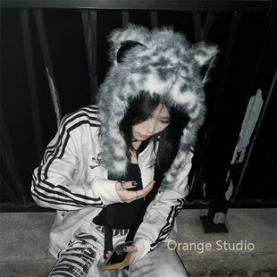 日系甜酷亚比仿狐狸毛帽子围巾手套一体女原宿涉谷辣妹兽耳毛绒帽