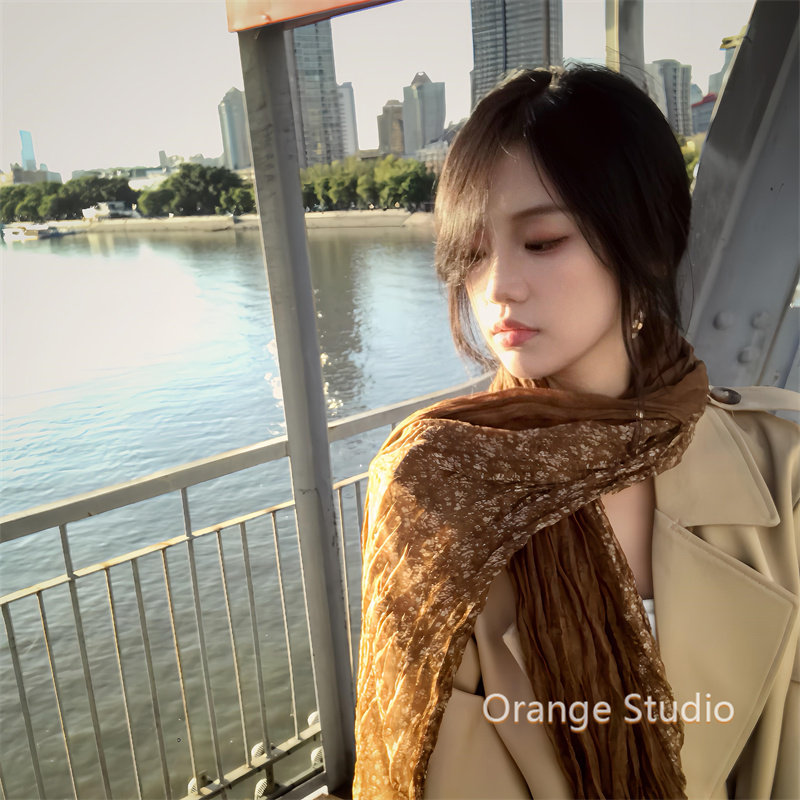 古着文艺感棕色碎花拼接围巾女小众秋冬氛围感披肩民族风丝巾配饰