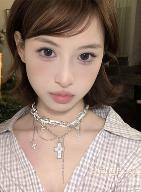 y2k亚文化白十字架星芒锁骨链