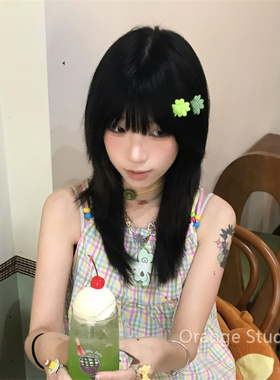 古早风幸运四叶草发夹日系甜美少女感绿色侧边夹发卡亚文化刘海夹