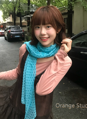 日系古着感蓝色波点丝巾甜美清新透气感薄款长条围巾韩系领巾披肩