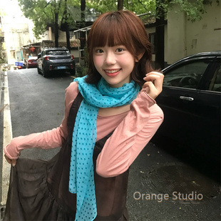日系古着感蓝色波点丝巾甜美清新透气感薄款长条围巾韩系领巾披肩