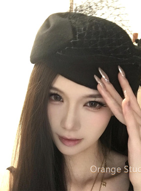 复古赫本风黑色网纱小礼帽