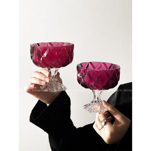 趣皿 ins玫红水晶棱角高脚杯玻璃杯女高颜值小众创意甜品杯子收藏
