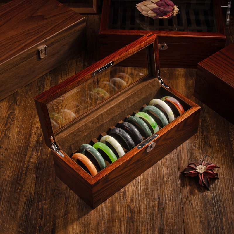 白蜡木手镯收纳盒带锁家用黄金翡翠玉镯手串防尘整理展示收藏盒子