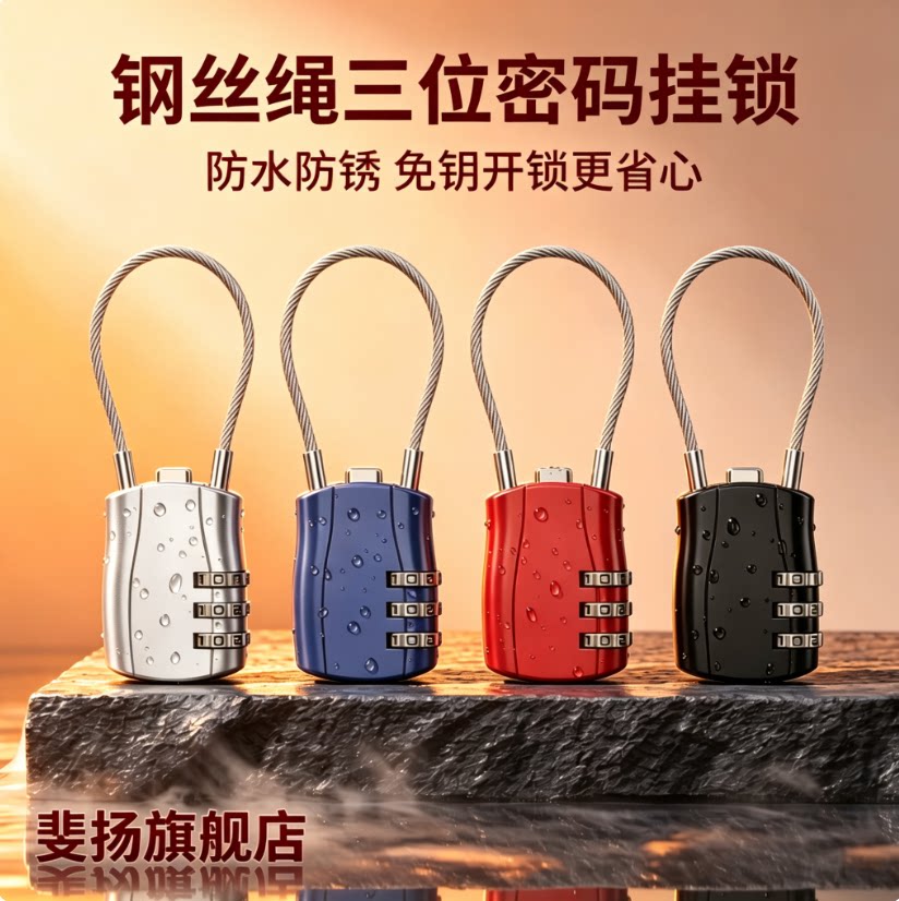 斐扬钢丝绳挂锁链条软锁橱柜柜门长挂锁细钢丝锁头盔锁密码钢缆锁
