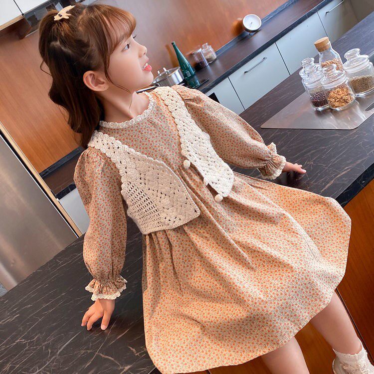 女童碎花连衣裙春装2023新款装女中大童洋气长袖儿童裙子两件套