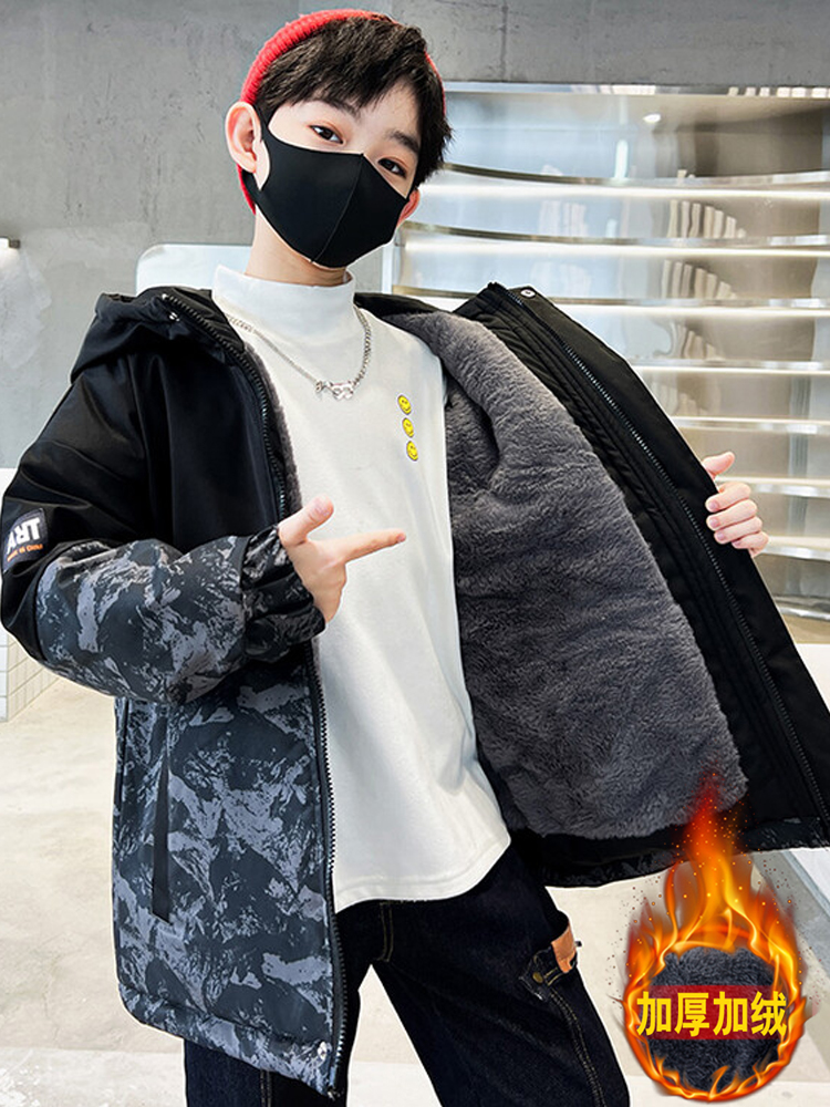 男童外套秋冬款2023新款棉服加绒夹棉加厚派克服中大童中长款棉袄