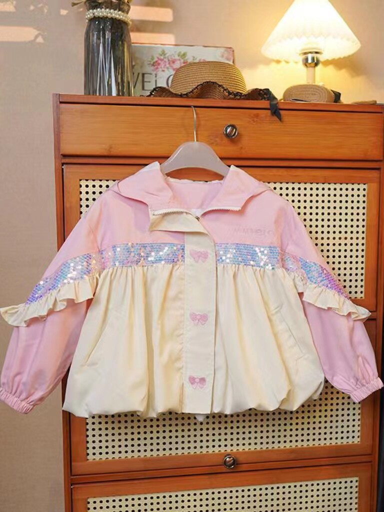 여아 코트 봄 가을 2024 새로운 가을 스타일 유행  윈드 스팽글 어린이 후드 캐주얼