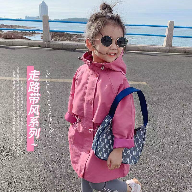 여자 봄 의류 2024 새로운 어린이 한국 스타일 재킷 어린이 중간 길이 윈드 브레이커 재킷  유행 코트 스커트