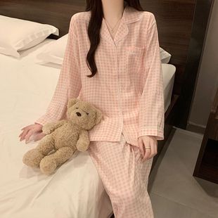 新款 长袖 2025秋季 云朵棉格子睡衣女韩版 长裤 甜美可爱家居服套装