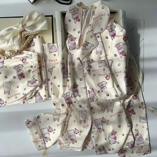 睡衣女 秋季 新款 ins风仿真丝婚庆家居服套装 印花卡通可爱兔子长袖