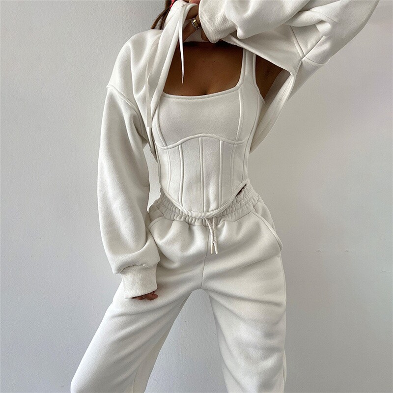 Hoodie casual suit 欧美秋冬纯色连帽卫衣罩衫吊带背心裤子套装