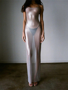 Ahagaga 超辣透视修身吊带辣妹长裙性感一字肩烫银欧美夜店连衣裙