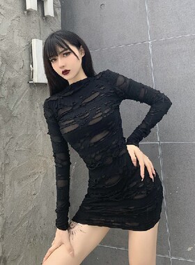 Women Gothic Black Mini Dress Streetwear 哥特式高冷修身连衣