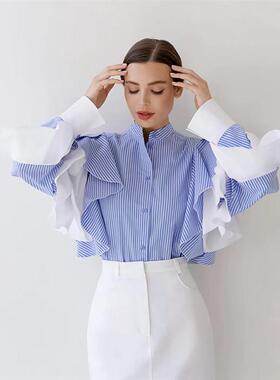Striped ruffled shirt 法式设计感蓝色条纹小立领荷叶长袖衬衫女
