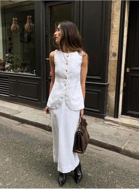 White vest skirt set 欧美新款白色方领无袖马甲高腰半身裙套装