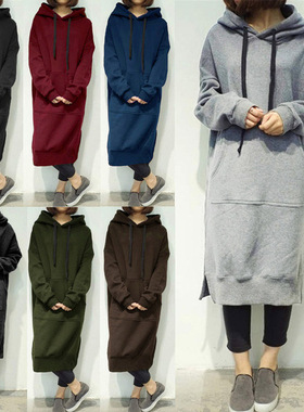 2020亚马逊爆款长袖纯色长款休闲卫衣跨境欧美女装大码风衣外套女