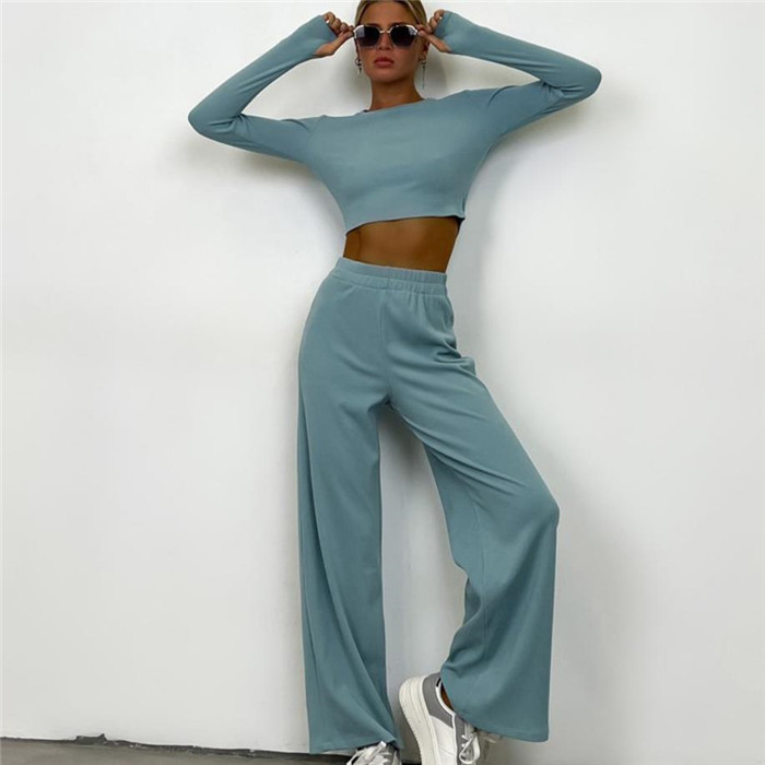 欧美上衣长裤休闲运动服套装女  crop top pants suit sets women