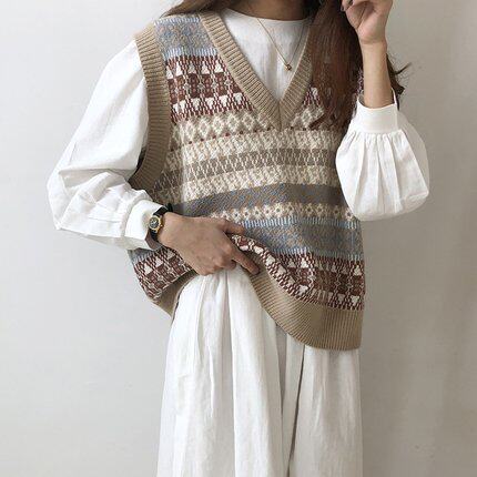 Vintage V-neck Knitted Vest Sweater Women Sleeveless Pullove