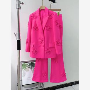 名媛气质套装 两件套女明星同款 外套直筒裤 欧美玫红色立体花朵西装